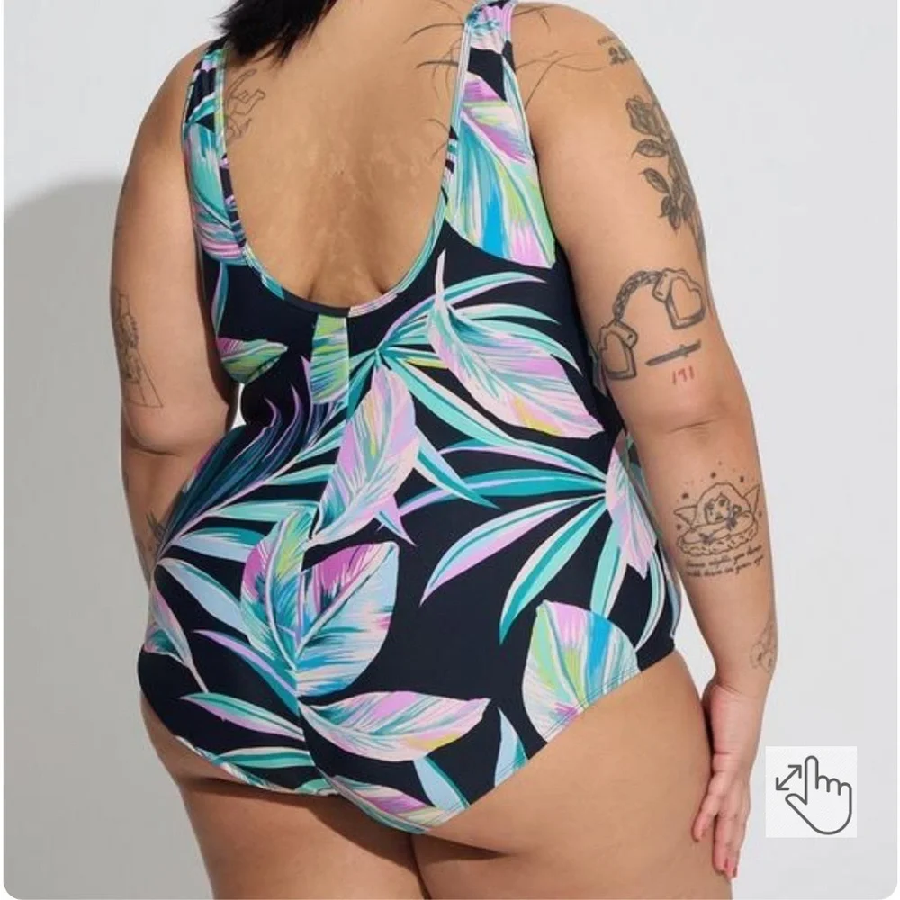 torrid Wireless Mesh High Neck One Piece Swimsuit - Pretty Summer Leaves, Sz. 14